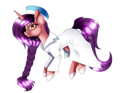 Size: 1600x1200 | Tagged: safe, artist:minelvi, oc, oc only, pony, unicorn, braid, clothes, colored hooves, ear fluff, eyelashes, female, freckles, hat, horn, mare, signature, simple background, smiling, solo, transparent background, unicorn oc