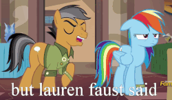Size: 1086x632 | Tagged: safe, edit, edited screencap, screencap, quibble pants, rainbow dash, earth pony, pegasus, pony, g4, stranger than fan fiction, animated, brony stereotype, clothes, duo, female, floppy ears, frown, gif, glare, grumpy, image macro, lauren faust, loop, male, mare, meme, nose wrinkle, op is just having a laugh, open mouth, raised hoof, stallion, unamused, word of faust