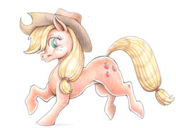 Size: 4535x3288 | Tagged: safe, artist:king-ghidorah, applejack, g4, applejack's hat, cowboy hat, female, hat, high res, raised hoof, simple background, solo, traditional art, white background