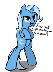 Size: 899x1225 | Tagged: safe, artist:neuro, trixie, pony, g4, bipedal, dialogue, female, implied anon, raised hoof, simple background, solo, transparent background