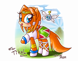 Size: 1100x859 | Tagged: safe, artist:tobibrocki, chao, parasprite, clothes, crossover, paraspritized, ponified, solo, sonic the hedgehog (series), tikal