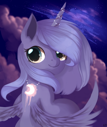 Size: 1341x1600 | Tagged: dead source, safe, artist:gianghanz, princess luna, g4, cloud, crescent moon, cute, cutie mark, female, filly, looking back, lunabetes, moon, night, smiling, solo, stars, woona, younger