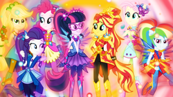 Size: 1920x1080 | Tagged: safe, artist:mixiepie, artist:sailortrekkie92, applejack, fluttershy, pinkie pie, rainbow dash, rarity, sci-twi, sunset shimmer, twilight sparkle, equestria girls, g4, my little pony equestria girls: legend of everfree, balloon, boots, crystal guardian, crystal wings, high heel boots, humane five, humane seven, humane six, jewelry, mane six, phoxo, ponied up, ponytail, sun, super ponied up, wallpaper, wings