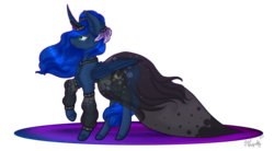 Size: 7000x3850 | Tagged: safe, artist:zombiecupcake101, princess luna, pony, g4, absurd resolution, clothes, curved horn, dress, female, horn, raised hoof, simple background, solo, transparent background