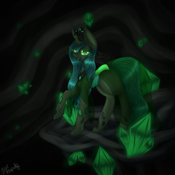 Size: 3850x3850 | Tagged: dead source, safe, artist:zombiecupcake101, queen chrysalis, changeling, changeling queen, g4, clothes, dress, female, high res, raised hoof, solo