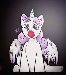 Size: 798x900 | Tagged: safe, artist:baserenity, sweetie belle, alicorn, pony, g4, alicornified, apple, female, food, mouth hold, open mouth, race swap, solo, sweetiecorn