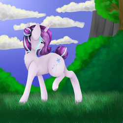 Size: 1000x1000 | Tagged: safe, artist:twinkepaint, oc, oc only, oc:magical brownie, pony, unicorn, cloud, female, mare, solo