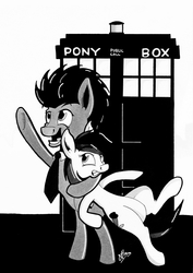 Size: 4807x6788 | Tagged: safe, artist:mrpenceaul, doctor whooves, roseluck, time turner, earth pony, pony, g4, absurd resolution, bipedal, bipedal leaning, doctor who, duo, female, leaning, male, mare, monochrome, stallion, tardis, the doctor, traditional art, x x everywhere
