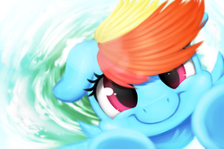 Size: 1350x900 | Tagged: safe, artist:moondreamer16, rainbow dash, pony, g4, cloud, cute, dashabetes, female, flying, it's coming right at us, looking at you, mare, sky, smiling, solo