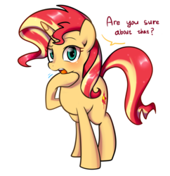 Size: 900x930 | Tagged: safe, artist:haden-2375, sunset shimmer, pony, unicorn, g4, are you sure about that, blushing, dialogue, equestria girls ponified, female, horn, looking at you, mare, open mouth, ponified, question mark, raised hoof, simple background, solo, speech bubble, transparent background