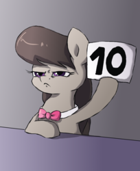 Size: 902x1108 | Tagged: safe, artist:buttersprinkle, octavia melody, earth pony, pony, g4, 10/10, :c, female, frown, glare, gray background, hoof hold, leaning, mare, octavia is not amused, rating, score, score cards, simple background, solo, unamused
