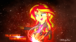 Size: 1600x900 | Tagged: safe, artist:fluttershyikmal, artist:neutron-quasar, sunset shimmer, human, equestria girls, g4, clothes, effects, female, jacket, leather jacket, lens flare, solo, vector, wallpaper, you must be new here