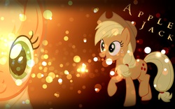 Size: 2560x1600 | Tagged: safe, artist:dovahbruh, applejack, earth pony, pony, g4, bubble, female, hat, lens flare, looking at you, mare, raised hoof, solo, vector, wallpaper