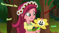 Size: 1024x572 | Tagged: safe, artist:gloriosa-everfree, edit, edited screencap, screencap, gloriosa daisy, equestria girls, g4, crossover, flowey, spanish, translated in the comments, undertale, watermark