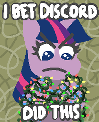 Size: 215x265 | Tagged: safe, artist:threetwotwo32232, twilight sparkle, g4, christmas lights, female, implied discord, meme, solo