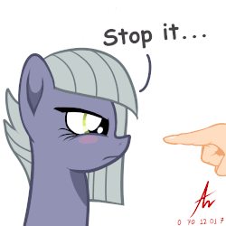 Size: 1000x1000 | Tagged: safe, artist:truffle shine, limestone pie, human, pony, g4, :t, adorable distress, animated, blush sticker, blushing, boop, cute, dialogue, eyes closed, female, fingers, gif, hand, mare, non-consensual booping, nose wrinkle, scrunchy face, signature, simple background, this will end in pain, white background