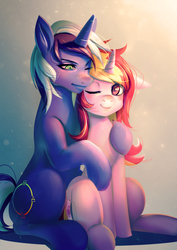 Size: 990x1400 | Tagged: safe, artist:bakki, oc, oc only, oc:aurora nova, oc:fifth element, pony, unicorn, auroment, blushing, commission, cute, hug, one eye closed, sitting, smiling, wink