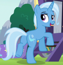 Size: 474x492 | Tagged: safe, screencap, trixie, pony, unicorn, g4, no second prances, season 6, butt, cropped, dreamworks face, female, looking back, mare, open mouth, open smile, plot, raised eyebrow, rear view, smiling, solo, stupid sexy trixie, the great and powerful ass