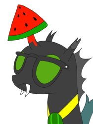 Size: 1200x1600 | Tagged: safe, artist:toyminator900, oc, oc only, oc:éling chang, changeling, changeling loves watermelon, changeling oc, food, glasses, green changeling, medallion, simple background, solo, transparent background, watermelon