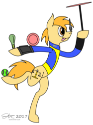 Size: 2300x3067 | Tagged: safe, artist:derpanater, oc, oc only, oc:"o" orange peel, fallout equestria, balancing, clothes, cutie mark, flask, high res, jumpsuit, pipbuck, plate, ponies balancing stuff on their nose, simple background, solo, standing, standing on one leg, tennis ball, transparent background, vault suit