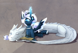 Size: 2346x1596 | Tagged: safe, artist:magnaluna, princess luna, oc, oc:zefiroth, alicorn, dragon, pony, g4, alternate design, alternate universe, book, canon x oc, cheek fluff, chest fluff, choker, colored wings, colored wingtips, crown, cup, curved horn, female, gradient horn, hair bun, horn, jewelry, leg fluff, lying down, magic, mare, necklace, one eye closed, prone, regalia, shipping, spread wings, teacup, teapot, white-haired luna, wings