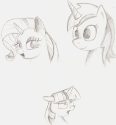 Size: 1250x1342 | Tagged: safe, artist:itsthinking, lyra heartstrings, rarity, twilight sparkle, g4, bust, faic, monochrome, pencil drawing, portrait, traditional art