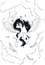 Size: 2409x3436 | Tagged: safe, artist:lilapudelpony, oc, oc only, oc:lucky doodle, pegasus, pony, black and white, grayscale, high res, ink, inktober, inktober 2016, monochrome, sky, solo, spread wings, traditional art