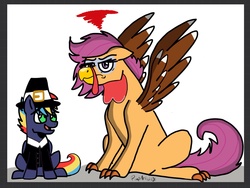 Size: 1858x1397 | Tagged: safe, artist:pimpartist101, scootaloo, oc, oc:prism bolt, pegasus, pony, turkey, kilalaverse, g4, animal costume, annoyed, claws, clothes, colt, costume, cute, cutealoo, female, floppy ears, frown, glare, grumpy, hat, implied rumbloo, lidded eyes, looking at you, looking up, male, mare, next generation, offspring, older, older scootaloo, open mouth, parent:rainbow dash, parent:soarin', parents:soarindash, pilgrim hat, pilgrim outfit, scootachicken, scootaturkey, smiling, thanksgiving, unamused