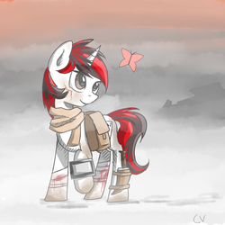 Size: 1000x1000 | Tagged: safe, artist:cerebralvapor, oc, oc only, oc:blackjack, butterfly, pony, unicorn, fallout equestria, fallout equestria: project horizons, bandage, cut, knife, pipbuck