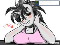 Size: 1280x960 | Tagged: safe, artist:jcosneverexisted, oc, oc only, oc:spiky flair, unicorn, anthro, blushing, breasts, chubby, female, solo, tumblr