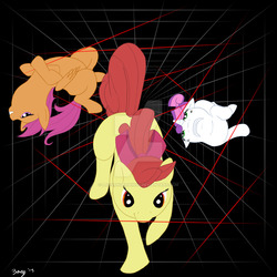 Size: 900x900 | Tagged: safe, artist:ladyangelwings, apple bloom, scootaloo, sweetie belle, earth pony, pegasus, pony, unicorn, g4, cutie mark crusaders, dodge, epic, female, filly, foal, laser, watermark