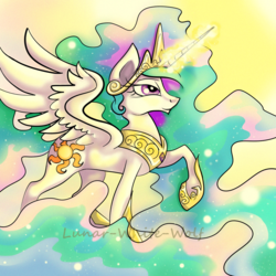 Size: 1000x1000 | Tagged: safe, artist:lunar-white-wolf, princess celestia, g4, female, magic, raised hoof, solo, spread wings