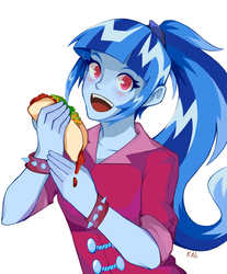 Size: 1337x1611 | Tagged: safe, artist:kalthedestroyer, sonata dusk, equestria girls, g4, female, food, open mouth, ponytail, sauce, simple background, solo, sonataco, taco, that girl sure loves tacos, that siren sure does love tacos