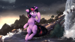 Size: 2000x1125 | Tagged: dead source, safe, artist:blackligerth, twilight sparkle, alicorn, firefly (insect), pony, semi-anthro, g4, female, mountain, river, sitting, solo, stars, stream, twilight (astronomy), twilight sparkle (alicorn), water, waterfall