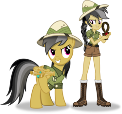 Size: 4533x4224 | Tagged: safe, artist:vector-brony, daring do, human, equestria girls, g4, absurd resolution, braid, clothes, duo, duo female, equestria girls-ified, explorer outfit, female, grin, hat, human ponidox, looking at each other, self ponidox, shirt, shorts, simple background, smiling, smirk, tomboy, transparent background, vector