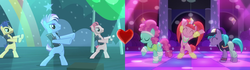 Size: 2560x720 | Tagged: safe, edit, edited screencap, screencap, azure velour, disco fever, flashdancer, limelight, pacific glow, turbo bass, earth pony, pony, g4, the mane attraction, the saddle row review, azureturbo, backup dancers, clothes, club pony party palace, female, feverdancer, heart, limeglow, male, mare, shipping, shipping domino, stallion, straight, trio