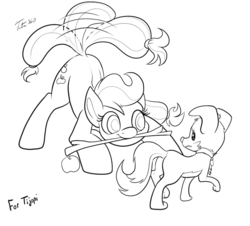 Size: 900x813 | Tagged: safe, artist:tsitra360, applejack, winona, g4, behaving like a dog, confused, monochrome, mouth hold, role reversal, sketch, stick, tail wag