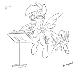 Size: 900x813 | Tagged: safe, artist:tsitra360, rainbow dash, twilight sparkle, alicorn, pony, g4, book, duo, egghead, egghead dash, excited, exploitable meme, flying, food, glasses, meme, monochrome, open mouth, raised hoof, reading rainboom, sketch, spread wings, tea, teacup, twilight sparkle (alicorn)