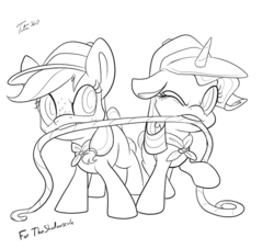 Size: 900x813 | Tagged: safe, artist:tsitra360, applejack, rarity, g4, 2017, clothes, female, filly, filly applejack, filly rarity, monochrome, mouth hold, one eye closed, raised hoof, rope, sketch, wink