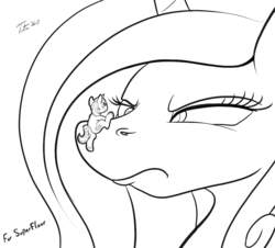 Size: 900x813 | Tagged: safe, artist:tsitra360, princess cadance, shining armor, g4, cadance is not amused, giantess, glare, macro, micro, monochrome, nostril flare, nostrils, size difference, sketch, unamused
