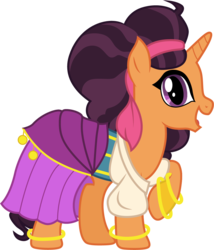 Size: 1001x1171 | Tagged: safe, artist:cloudy glow, saffron masala, pony, unicorn, g4, clothes, clothes swap, cosplay, costume, crossover, cute, disney, dress, esmeralda (the hunchback of notre dame), female, looking at you, mare, open mouth, raised hoof, saffronbetes, simple background, smiling, solo, the hunchback of notre dame, transparent background, vector