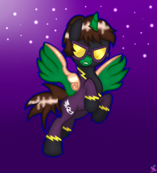 Size: 1069x1177 | Tagged: safe, artist:esradavut, oc, oc only, oc:frost d. tart, alicorn, pony, alicorn oc, clothes, costume, flying, goggles, night, night sky, shadowbolts costume, solo
