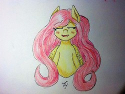 Size: 960x720 | Tagged: safe, artist:thatweebyouknow, fluttershy, g4, blushing, bust, eyes closed, female, looking at you, open mouth, portrait, smiling, solo, traditional art