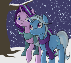 Size: 850x750 | Tagged: safe, artist:doodledonut, starlight glimmer, trixie, pony, unicorn, g4, clothes, cuddling, cute, diatrixes, duo, female, glimmerbetes, lesbian, mare, night, scarf, ship:startrix, shipping, snow, snowfall, snuggling