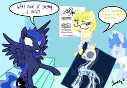Size: 3869x2673 | Tagged: safe, artist:darkest-lunar-flower, princess luna, alicorn, pony, unicorn, g4, blue pearl (steven universe), bone, concave belly, crossover, dark shadows, doctor, facehoof, female, high res, johnny depp, looking at something, looking away, mare, nurse, on the moon for too long, ponified, shocked, shocked expression, shocked eyes, skeleton, slender, spread wings, sternocleidomastoid, steven universe, thin, unamused, x-ray, x-ray picture, yellow pearl (steven universe)