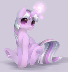 Size: 1600x1700 | Tagged: safe, artist:qiluo soul, twilight, alicorn, pony, g1, female, gray background, magic, mare, pixiv, simple background, sitting, solo, tongue out