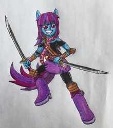 Size: 2356x2681 | Tagged: safe, artist:bozzerkazooers, mystery mint, equestria girls, g4, background human, boots, dual wield, female, high heel boots, high res, katana, ninjato, ponied up, solo, sword, traditional art, weapon