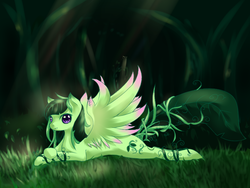 Size: 800x600 | Tagged: safe, artist:qiluo soul, oc, oc only, monster pony, pegasus, plant pony, pony, female, forest, leaf wings, mare, pixiv, prone, solo