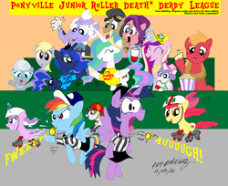 Size: 2360x1924 | Tagged: safe, artist:newportmuse, apple bloom, big macintosh, derpy hooves, diamond tiara, filthy rich, pipsqueak, princess cadance, princess celestia, princess flurry heart, princess luna, rainbow dash, silver spoon, spoiled rich, twilight sparkle, alicorn, pony, g4, bipedal, blame my sister, blowing, blowing whistle, cheering, clothes, commission, cute, cutie mark, female, filly, flurrybetes, food, hat, male, popcorn, puffy cheeks, rainblow dash, rainbow dashs coaching whistle, referee, referee rainbow dash, referee twilight, roller derby, ship:spoilthy, shirt, signature, sitting, skirt, spitting, the cmc's cutie marks, this will end in deafness, this will end in tears and/or death, this will end in tears and/or death and/or covered in tree sap, twilight sparkle (alicorn), ultra pony roller derby, waving, whistle, whistle necklace, yelling, yellow words