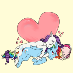 Size: 1280x1280 | Tagged: safe, artist:spectralunicorn, rainbow dash, rarity, classical unicorn, g4, cloven hooves, cuddling, female, heart, horn, leonine tail, lesbian, ship:raridash, shipping, simple background, spooning, unshorn fetlocks, yellow background